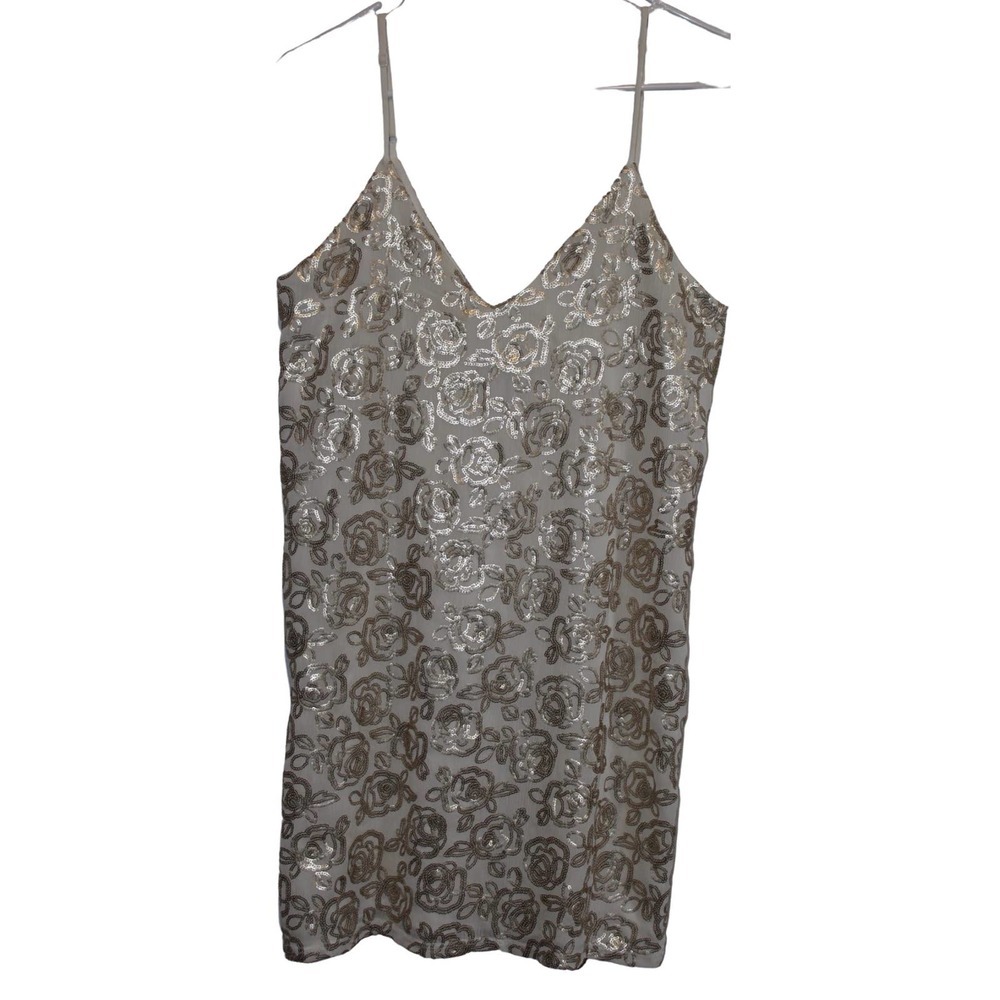 Women's Aqua Cream Gold Sequin Floral V-Neck Spaghetti Strap Mini Dress Size XS